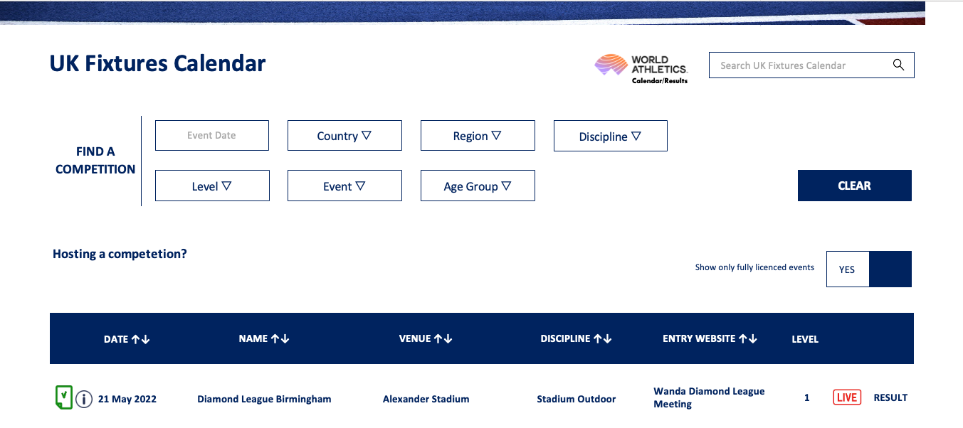 UK Fixtures Calendar British Athletics